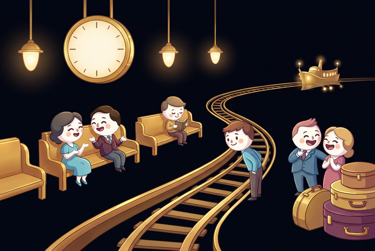 Characters waiting together on a gold art-deco platform beneath a big clock, a vessel arriving on a curving gold track.