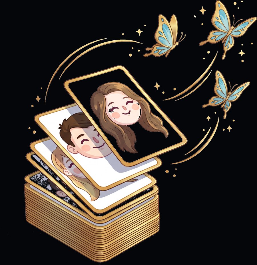 A gold-edged deck of character cards, the top ones lifting off and turning into butterflies.
