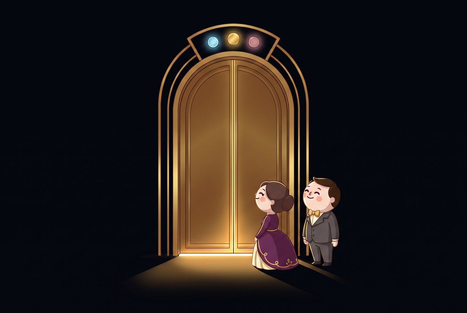 Two small characters waiting outside a tall shut gold door at night, warm light spilling from the seam beneath it.