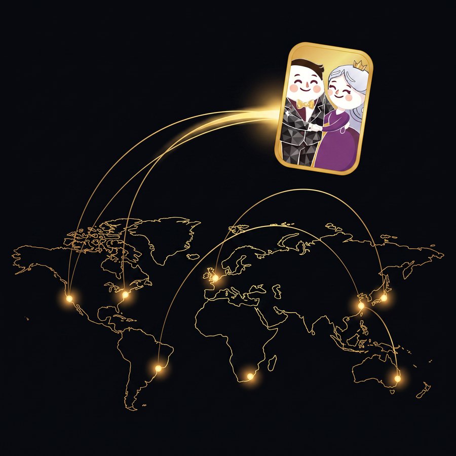 A gold world map at night with six glowing harbours joined by arcs, a character card travelling along the highest one.